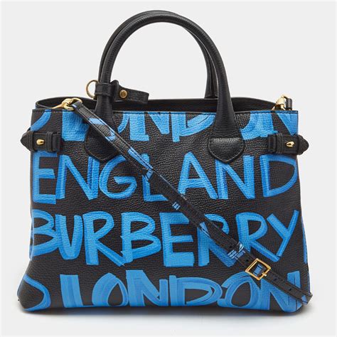 Burberry Black/Blue Leather Medium Graffiti Banner Tote 